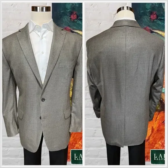 Ralph Lauren LRL Mens 48L Tan Brown Houndstooth Silk Wool Blazer Sport Jacket - Picture 6 of 14